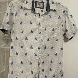 Rebel James and Charli white and blue shark men's collared cotton button up.